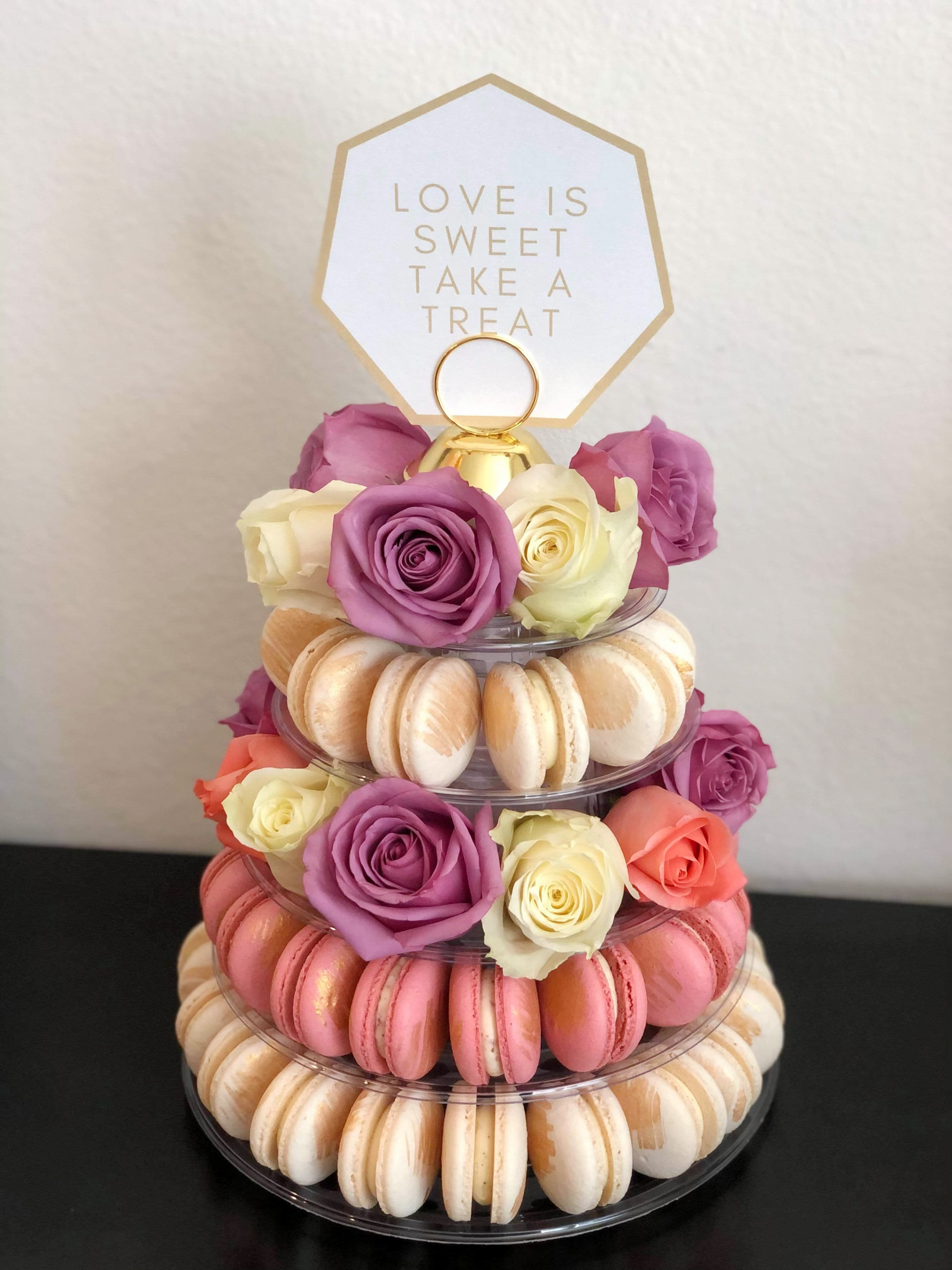 macaron tower with florals